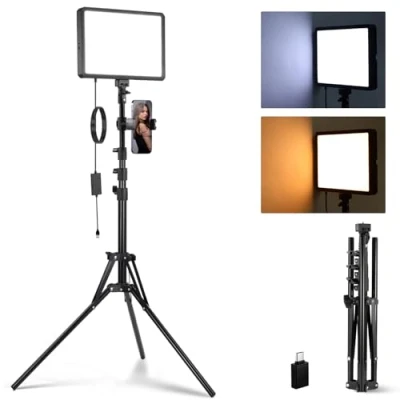 Abbildung von NEEWER Basics BP300 LED Videolicht Panel Light, Studio Beleuchtung Set mit 150cm Stativ &amp; Handyhalter für Videoaufnahmen, Fotografie, Streaming Podcasts, 850lx/0,5m Bi Color 2700 6500K dimmbar