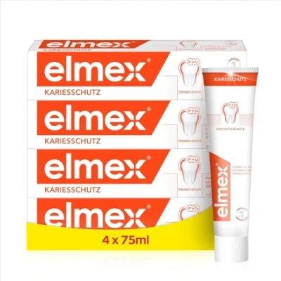 Abbildung von elmex Zahnpasta Kariesschutz 4x75ml medizinische Zahnreinigung für hochwirksamen bietet zweifach aktives Kalzium Fluorid Schutzschild widerstandsfähige Zähne