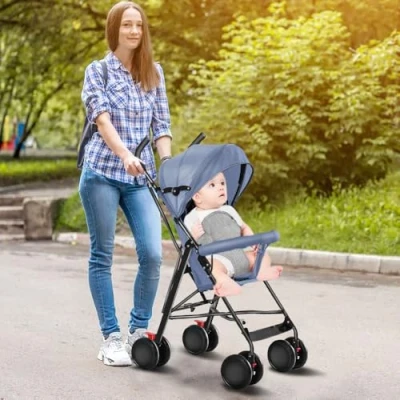 Abbildung von Kinderwagen für Babys, ultraleicht, kompakt, faltbar und neigbar, von Geburt bis 25 kg, mit Trolley System, Regenschutz im Lieferumfang enthalten, ausziehbare Haube D blau