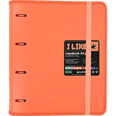 Abbildung von Grafoplas 88100584 Carpebook Like 4 vorgestanzte Ringe, A4, Koralle, Ersatzblätter, 6 Trennblätter und transparenter Umschlag,