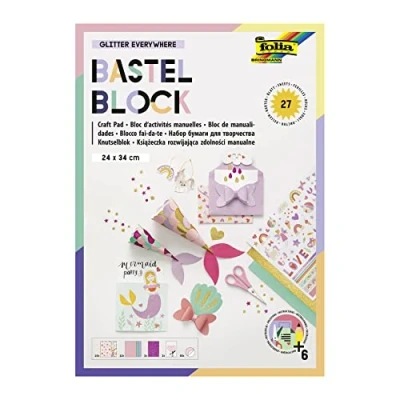 Abbildung von folia 49102 Bastel Block &quot;Glitter Everywhere&quot; mit 27 Blatt Bastelpapier im Format 24 x 34 cm, bedrucktem Fotokarton, Tonpapier, Glitter Papier, vorgezeichneten Formen und Stickern