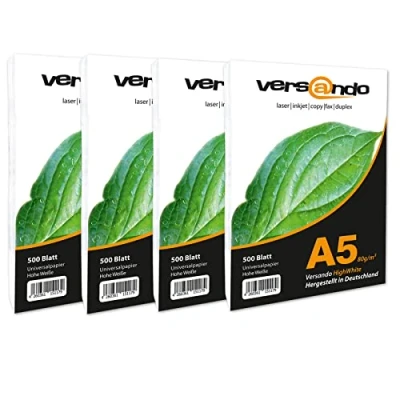 Abbildung von versando 5.000 Blatt Papier DIN A5 HighWhite 80 Druckerpapier Universalpapier Kopierpapier hochweiß (148 x 210 mm) 1 Karton