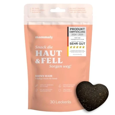 Abbildung von mammaly Fellpflege Leckerli gegen Haarausfall &amp; Juckreiz Shiny Hair Tester Set (30 Snacks) mit Bierhefe, Probiotika Biotin Hund (gesundes glänzendes Fell) Vitamin C, E, D3, Beta Carotin, Zink