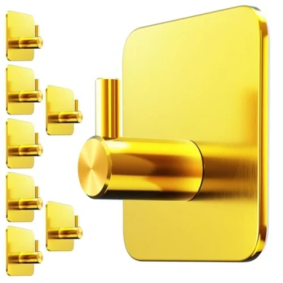 Abbildung von Menz Handtuchhalter ohne Bohren, 8 Haken im Set, golden Wasserfeste Klebehaken, Edelstahl Handtuchhaken für Bad, hochwertige selbstklebend, Badezimmer mit hoher Tragkraft