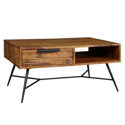 Abbildung von FINEBUY Couchtisch FB50901 (87x41x55 Sheesham Massivholz / Metall Rechteckig), Wohnzimmertisch mit Stauraum Sofatisch Kaffeetisch