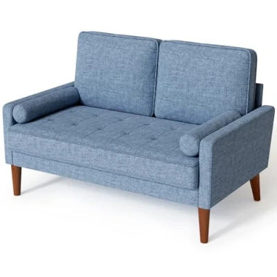 Abbildung von Vesgantti Sofa 2 Sitzer, Modernes Blau Couch Sitzer mit Wurfkissen, Kleine Stoffcouch Armlehne, Knöpfe Sitzkissen Gästesofa für Wohnzimmer/Wohnung/Büro, 121 x 77 87CM