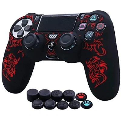 Abbildung von HLRAO Lasergravur Drachen Silikon Hülle Skin Case (Strahlung) für PS4/Slim/Pro Controller x 1 Mit Pro aufsätze Thumb Grips 10.
