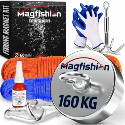 Abbildung von MAGFISHION Magnetfischen Set 160 KG Ø60mm Neodym Magnet mit 2 Seilen, Greifhaken, Handschuhe Fischen Angel Ösenmagnet Fishing Magnetangel Magnetangeln