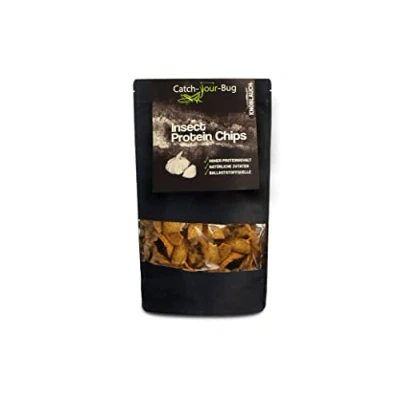 Abbildung von Insekten Protein Chips mit 24% Protein, auf Basis von Linsen und Erbsenmehl Grillenpulver, Knoblauch, 5x70 g