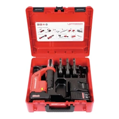 Abbildung von Rothenberger ROMAX Compact TT Pressbackeset, Ladegerät EU, 2Ah Akku Kapazität, TH Pressbacken Kontur, 16mm 20mm 26mm Arbeitsbereich Durchmesser 1000002120 Einpresswerkzeug für Rohre