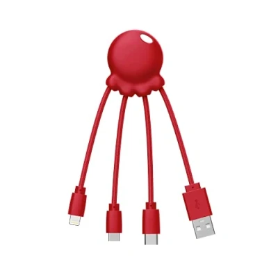Abbildung von Xoopar Octopus 4 in 1 Multi USB Kabel Form eines roten Oktopus Universal Ladegerät aus recyceltem Kunststoff C, Ligthning, A, Micro für Smartphone