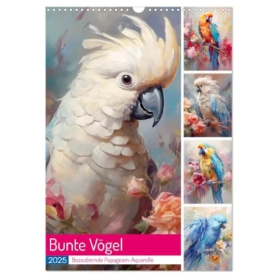 Abbildung von Bunte Vögel. Bezaubernde Papageien Aquarelle (Wandkalender 2025 DIN A3 hoch), CALVENDO Monatskalender