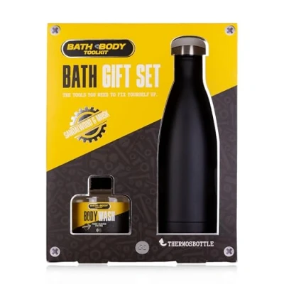 Abbildung von Accentra BATH + BODY TOOLKIT Geschenk set für Männer mit Thermoflasche aus Edelstahl Pflegeset Herren 140ml Bade &amp; Duschgel im coolen Design