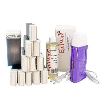 Abbildung von EpilWax Royal Enthaarungsset Komplett mit: Professionellem Wachswärmer,12 Roll On Wachs 100 ml Azulen, Enthaarungsstreifen, 1 Flasche mit 250ml Öl nach der Enthaarung (Royal Serie Azulen 12)