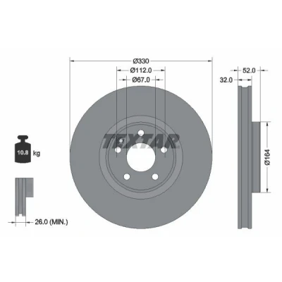 Abbildung von TEXTAR 92334903 Bremsscheibe 330 32 05/06 112 innenbelüftet beschichtet ohne Radbefestigungsbolzen, Radnabe MERCEDES BENZ: V Klasse