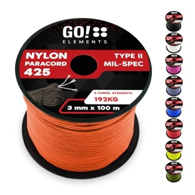 Abbildung von GO!elements 100m Paracord Seil aus reißfestem Nylon 3mm 425 Typ II max. 192kg Schnüre als Outdoor Seil, Allzweckseil, Survival Armband, Hundeleine, Nylonschnur, Farbe: Orange