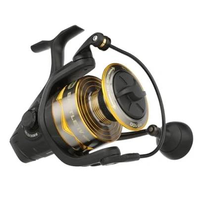 Abbildung von PENN Battle® IV Spinnrolle, Salzwasser Angler, Angelköder und Köder, Barsch, Pollack, Dorsch, Makrele, Falsch, Aluminiumspule, robust, beidhändig verwendbar, 8000 Rolle, Größe 5,1:1, Schwarz, Gold