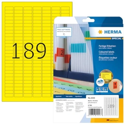 Abbildung von HERMA 4243 Farbige Etiketten gelb ablösbar, 20 Blatt, 25,4 x 10 mm, 189 pro A4 Bogen, 3780 Stück, selbstklebend, bedruckbar, matt, blanko Papier Farbetiketten Aufkleber