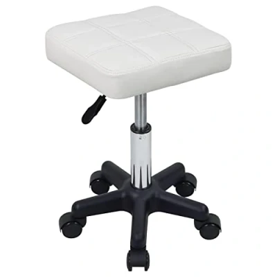 Abbildung von FURWOO Quadratischer Drehhocker mit Rädern PU Leahter Rollhocker Höhenverstellbarer Hocker für Spa Salon Massage Weiß