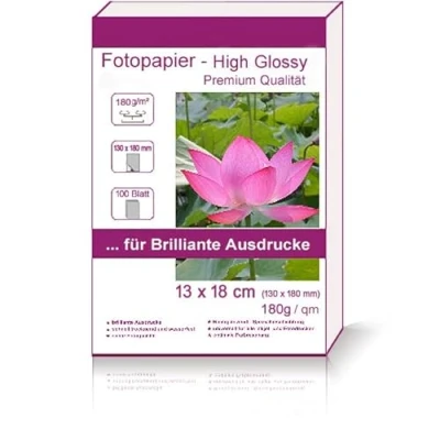 Abbildung von 100 Blatt 13x18cm 180g/m² Fotopapier Hglossy wasserfest Photopapier hochglänzend high glossy photopaper photo paper glänzend 180g / m² 180g/qm 13x18 cm 13 x 18