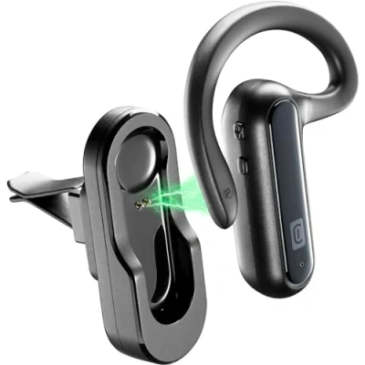 Abbildung von cellularline CAR Flat Mono Bluetooth Headset mit Autohalterung durch Belüftungsöffnungen oder Klebstoff Sprechzeit: 6 Stunden Aufladen: 1,5 Reichweite: 10 m