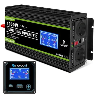 Abbildung von NOVOPAL 1000W Kfz Wechselrichter Spannungswandler 24v 230v Reiner Sinus mit LCD Display und USB Anschluss + 2AC Steckdosen Ausgang 5m Fernbedienung