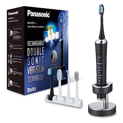 Abbildung von Panasonic EW DP52 K803 Wiederaufladbare elektrische Zahnbürste, extrafein, Multi Fit, Anti Verfärbung, Spitzen &amp; Silikonbürsten, Ladestation, Schallvibration, LED Anzeige, 90 Min Laufzeit, Schwarz