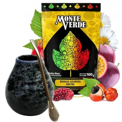 Abbildung von Yerba mate tee Set mit Monte Verde Energia Guarana Frutos 500g ● und Kräuter Keramik tasse Marmol 350ml Edelstahl Bombilla 19cm