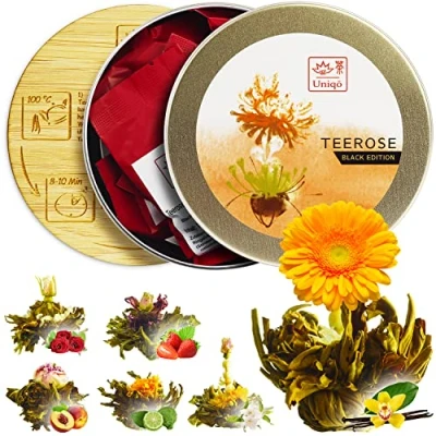 Abbildung von Teeblumen Geschenkset mit 6 Teerosen, aromatisierter Schwarzer Tee Blüten, inkl. Untersetzer Originelles Geschenk für Frauen, Teeset Teeliebhaber