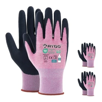 Abbildung von KAYGO 3 Paar Arbeitshandschuhe für Damen Atmungsaktiv Latex Beschichtete Frauen Gartenhandschuhe aus recyceltem Polyester, umweltfreundliche Schutzhandschuhe Haus Gartenarbeit (Rosa, S, Gr 7)