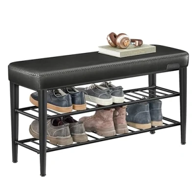 Abbildung von VASAGLE EKHO Kollektion Schuhbank, Sitzbank, Sitztruhe, Eingangsbereich, Kunstleder, Nähte, Mid Century Modern Stil, modern, bis 135 kg belastbar, 30 x 100 50 cm, tintenschwarz LSB113B01