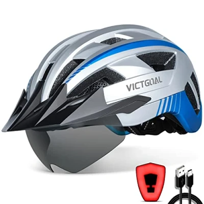 Abbildung von VICTGOAL Fahrradhelm Herren Damen MTB Helm mit Abnehmbarer Magnetische Schutzbrille Visier Atmungsaktiv 21 Belüftungskanäle Radhelm Einstellbare Fahrradhelme (M: 54 58cm, Silber)