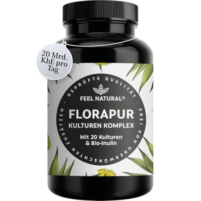 Abbildung von Florapur Kulturen Komplex 180 magensaftresistente Kapseln 3 Monatsvorrat 20 Bakterienkulturen &amp; Bio Inulin Mrd. KbE je Tagesdosis Milchsäurebakterien, Bifidobakterien vegan