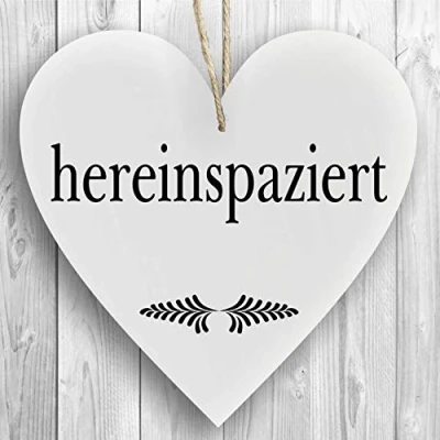 Abbildung von Herzschild Holzherz Holzschild 16 x cm hereinspaziert weiß Dekoschild Wandschild Schild Holz Willkommen