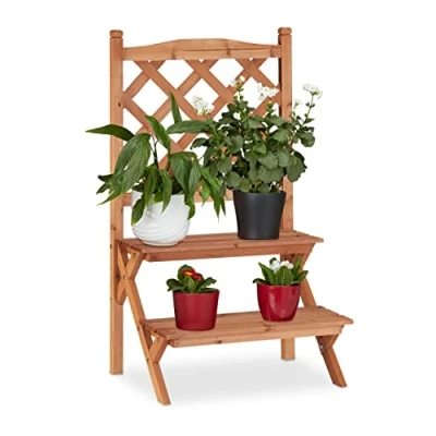 Abbildung von Relaxdays Blumentreppe mit Rankgitter, 2 Stufen, für Blumentöpfe &amp; Kletterpflanzen, Tannenholz, HBT: 89x51x40cm, natur