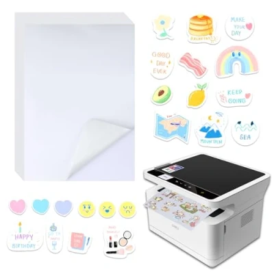 Abbildung von 20er Pack A4 Sticker Papier zum Bedrucken Wasserfeste Vinyl Selbstklebefolie in Weiß für Inkjet &amp; Laserdrucker, Druckerpapier Selbstklebend, Etiketten