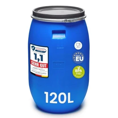 Abbildung von Garronda 120 Liter Deckelfass Weithalsfass aus HDPE Regenfass für Garten Fass Regenwassertonne Futtertonne Universalfass Wasserfass Regentonne Lebensmittelfass Wassertank GD 0078, Blau