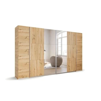Abbildung von Rauch Möbel Kronach, Kombischrank, Schrank, Kleiderschrank, Schwebetürenschrank, Eiche Artisan, Holz, mit Spiegel, 4 türig, Inklusive 3 Kleiderstangen, 11 Einlegeböden, BxHxT 354x210x59cm