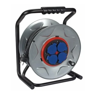 Abbildung von Perel Professionelle Kabeltrommel, Kabelrolle Außenbereich, Verlängerungskabel, Stromtrommel, 4 Steckdosen Typ E mit Klappdeckel, Anti Twist System, 40 m, 3G2.5, grau/schwarz