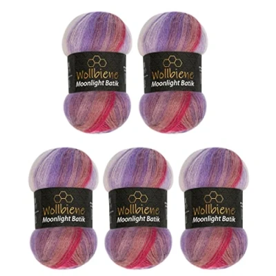 Abbildung von Wollbiene Moonlight Batik 5 x 100g Strickwolle 500 Gramm Wolle zum Stricken und Häkeln 20% türkische Farbverlaufswolle (3080 lila rot rosa)