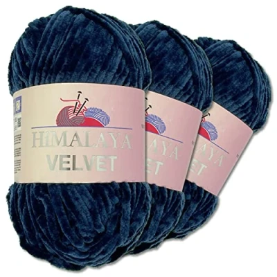 Abbildung von Wohnkult Himalaya 3 x 100 g Velvet Dolphin Wolle 40 Farben zur Auswahl Chenille Strickgarn Flauschwolle Glanz Accessoire Kleidung Decken (90021 Dunkelblau)