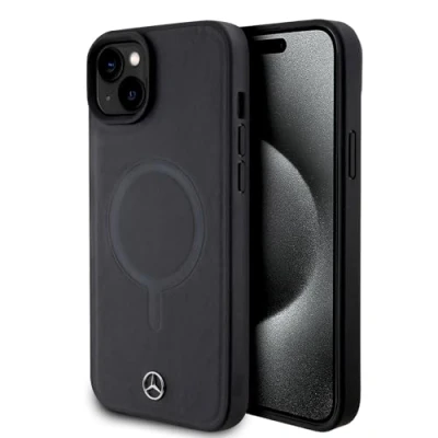 Abbildung von CG MOBILE Mercedes Benz Handyhülle kompatibel mit Magsafe iPhone 15 Plus in Schwarz, Echtleder, schützende &amp; langlebige Hülle einfachem Snap on, Stoßdämpfung Signatur Logo