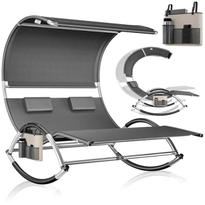 Abbildung von KESSER® Doppel Sonnenliege Doppelliege mit Sonnendach, Kopfkissen Tasche für 2 Personen, Relaxliege, Gartenliege, Schaukelliege ergonomische Liegefläche, 240 kg Belastung, Seitentasche, Anthrait