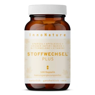 Abbildung von InnoNature Stoffwechsel Plus Kapseln aus Spargel, Apfelessig, Grüner Hafer, Hagebutte, Mango und Bittermelone 120 Kapseln, inkl. Vitamin C Hagebutten Extrakt, 80 mg