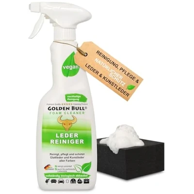 Abbildung von Golden Bull® Lederreiniger &amp; Lederpflege Auto Sofa 500ml + Schwamm [STARK UND VEGAN] Leder Kunstleder Reiniger Schaum Spray mit Kokosöl für Reinigung Pflege von Ledersitz, Autositz Ledercouch