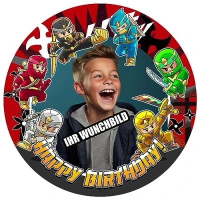 Abbildung von J&amp;M DECO Personalisiert Tortenaufleger PREMIUM Ninja Motiv Essbare Wunschfoto selbst gestalten Fondant Rund Ø20CM