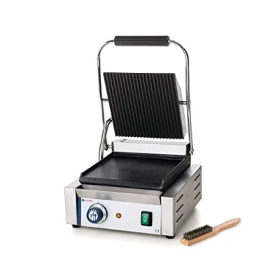 Abbildung von HENDI Kontaktgrill, Einzelversion, Elektrogrill, Tischgrill, Sandwichtoaster, Regelbar bis max. 300C, Oberseite (H)530mm, Grillfläche 220x230mm, 230V, 1800W, 310x370x(H)210mm, Edelstahl