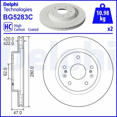 Abbildung von DELPHI Bremsscheibe 280mm 22mm 5 Belüftet beschichtet hochgekohlt BG5283C 5531161M11 Bremsscheiben, Scheibenbremsen