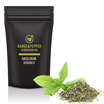 Abbildung von 100g Basilikum schonend getrocknet gerebelt besonders aromatisch natürlich vom Hanse&amp;Pepper Gewürzkontor Gourmet Serie