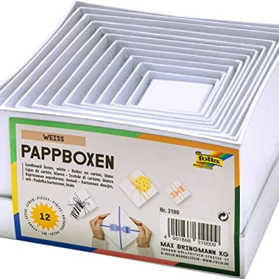 Abbildung von Baker Ross folia 3100 Geschenkboxen, Pappschachteln aus Karton, quadratisch, weiß, 12 Stück in verschiedenen Größen ideal zum Verzieren und Verschenken
